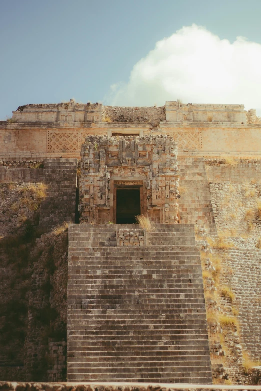 a view of an abandoned city with stairs, steps, and a window