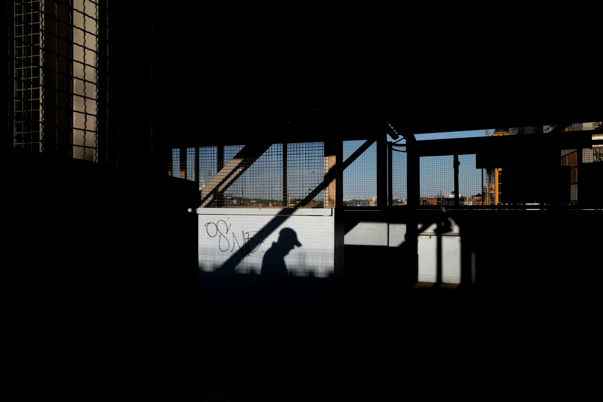 a shadow of a person sitting in a building on a skateboard