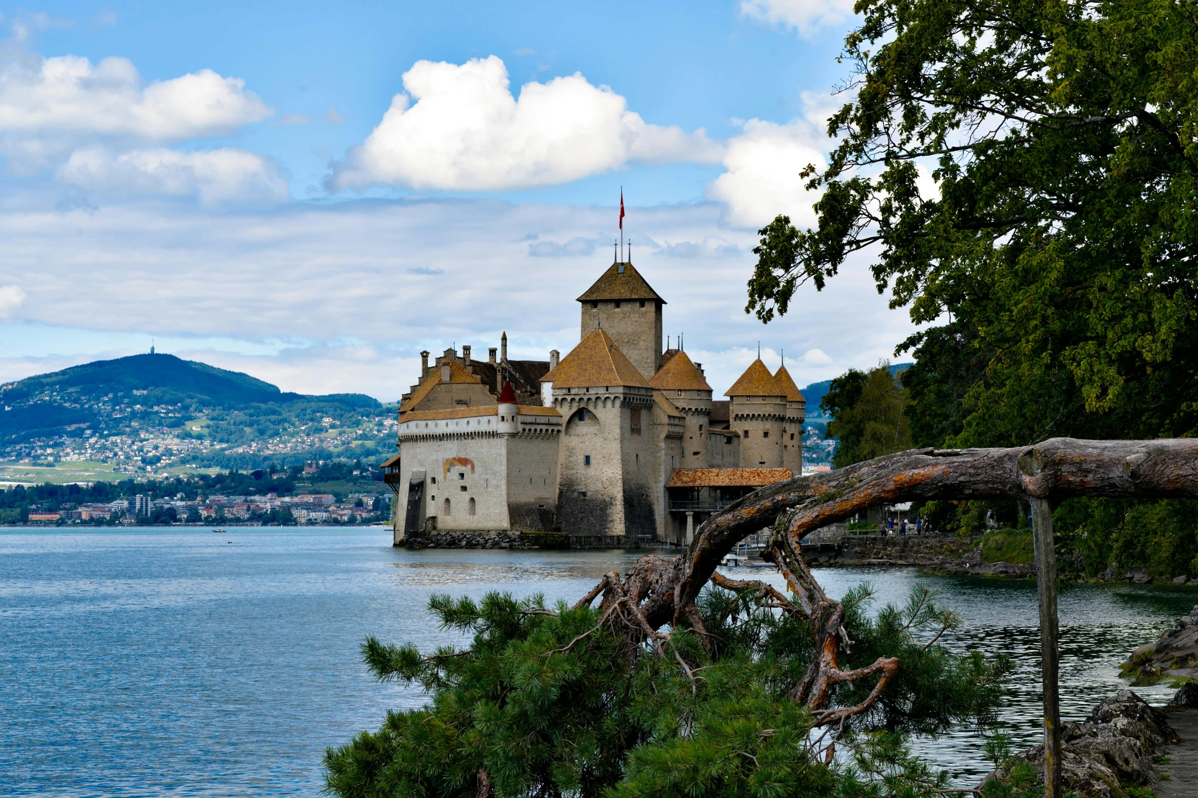 a large castle sitting on top of a lake surrounded by trees