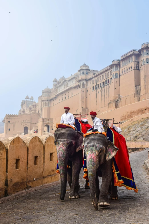 men ride on top of elephants in front of a castle