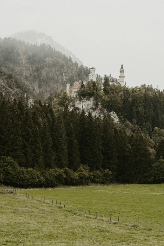 the horse is grazing in the field behind the mountains