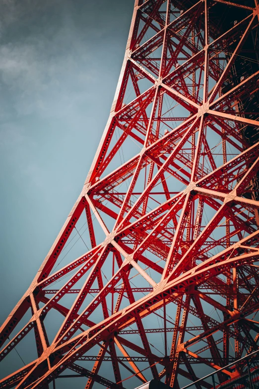 view looking up at the base of a tower under cloudy skies