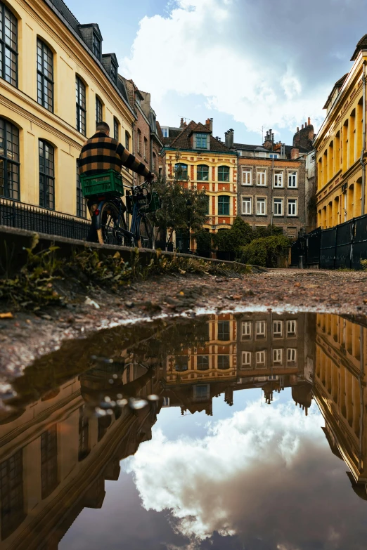 there is a reflection of some buildings in the water