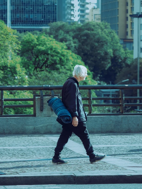 a person carrying a backpack is walking in the street