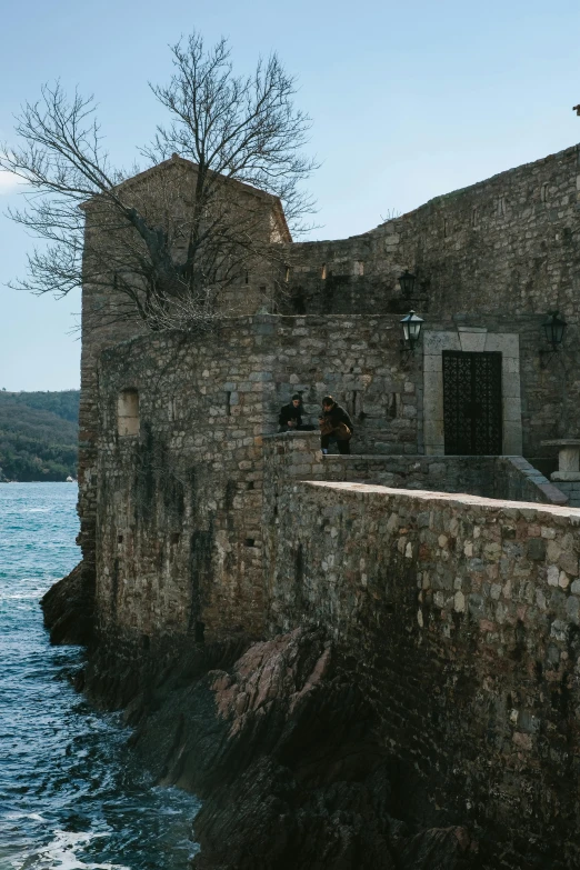 two animals walking in between two large buildings by the water