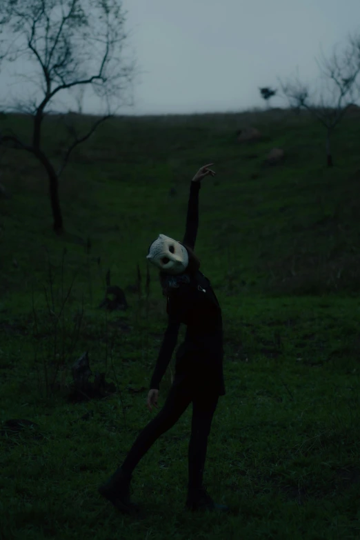 a man in a costume playing frisbee in a grassy field