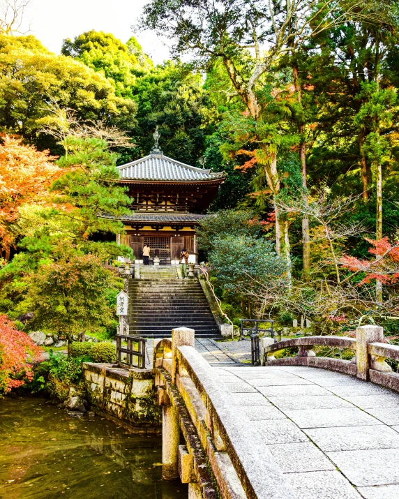 an oriental structure is surrounded by some trees and water