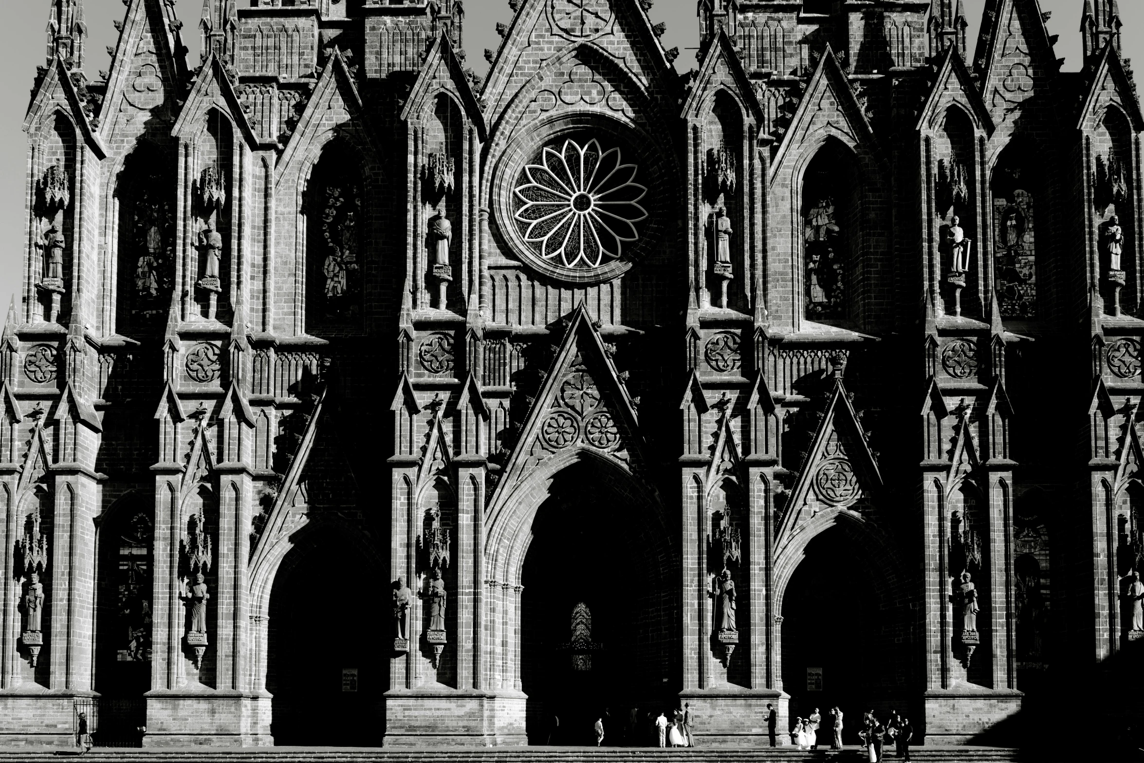 a black and white po of a church with lots of windows