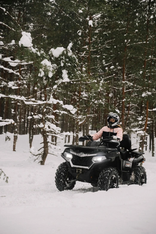 a man riding a four - wheeler in the snow