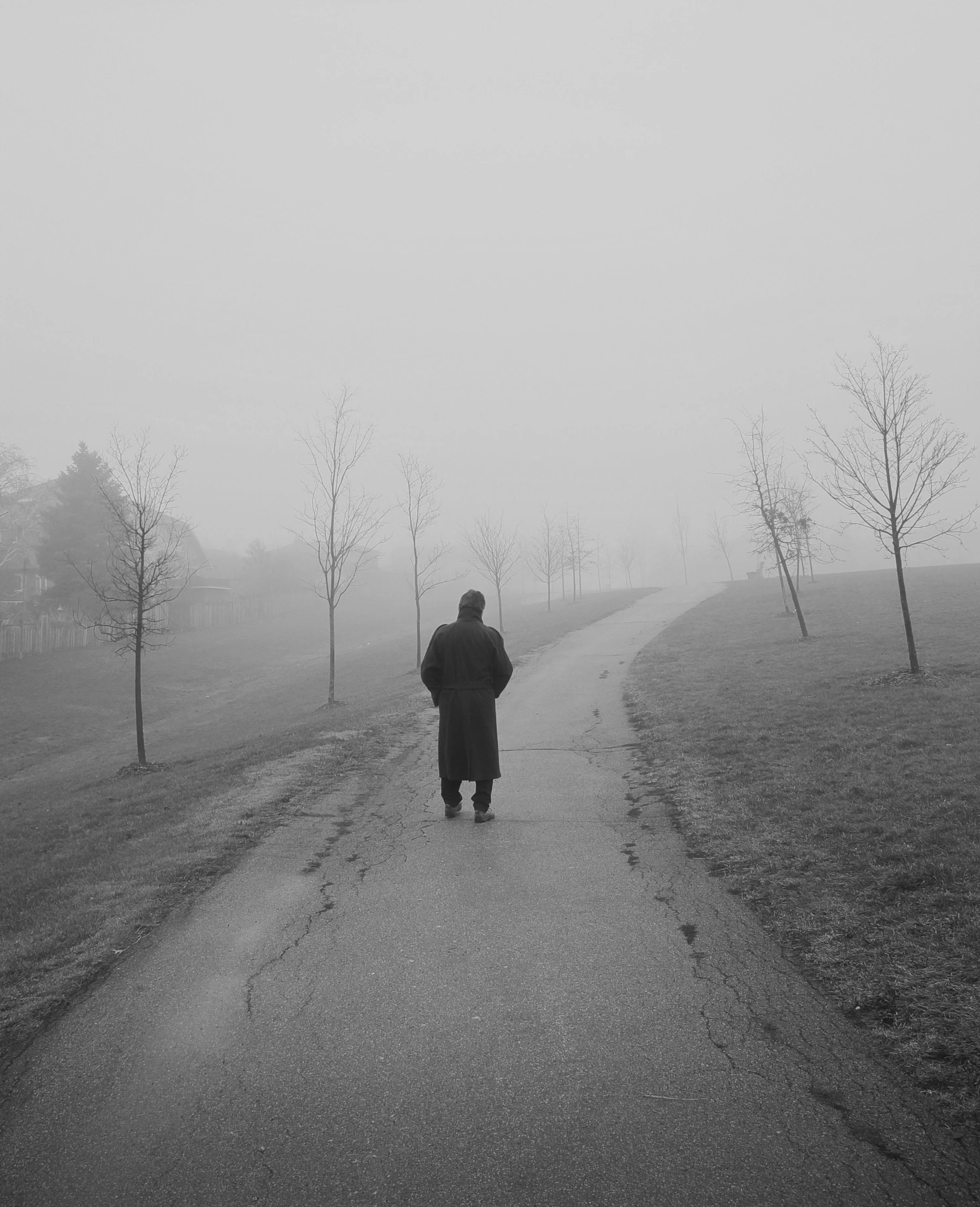 a person walking down a misty road