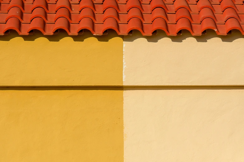 a cat sits on the edge of an orange and yellow wall