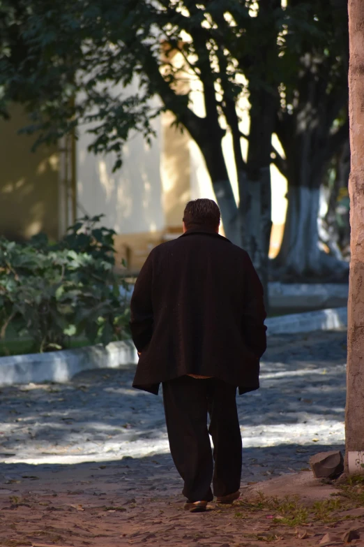 a man walking next to trees on a sidewalk