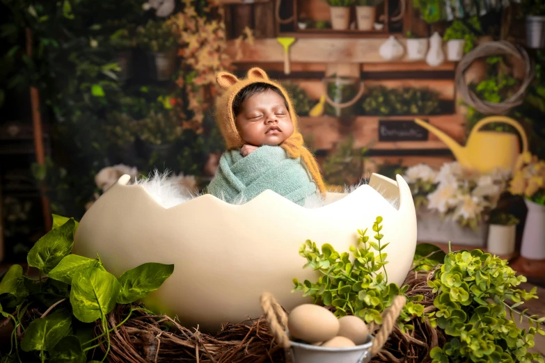a baby girl sleeping in a fake egg in a garden