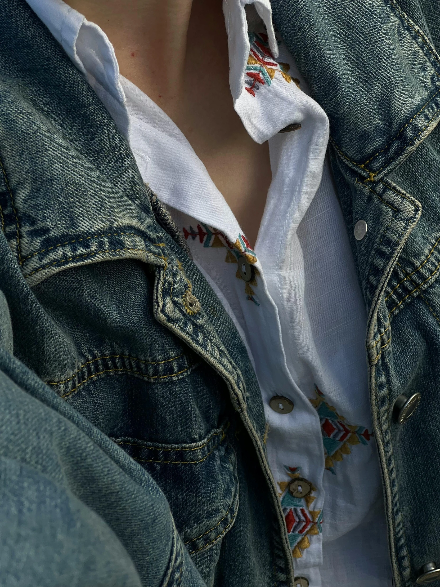 a close up view of a woman wearing denim jacket and a white shirt