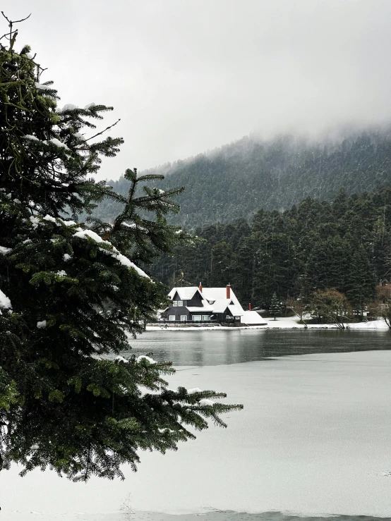 snow covers the ground on a lake surrounded by trees