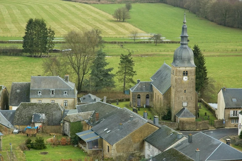 an aerial s of the buildings in a village