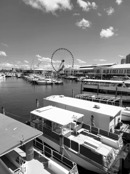 a black and white po shows several large boats and ferris wheel on a marina