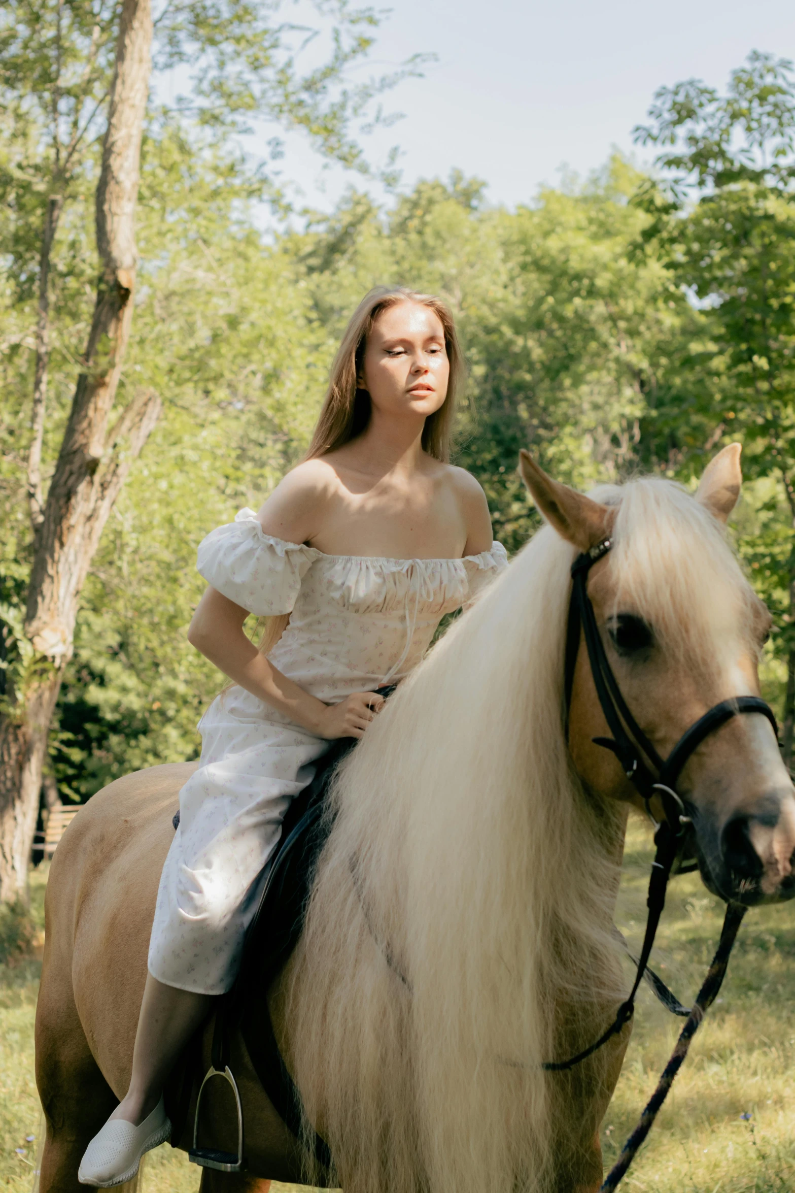 a woman in a dress is riding a horse
