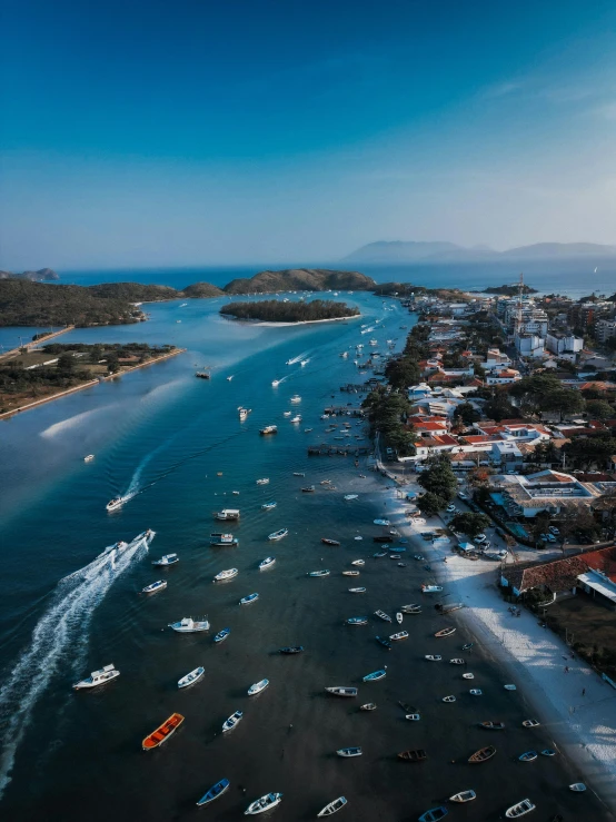 several boats are in the water along the shore of a city