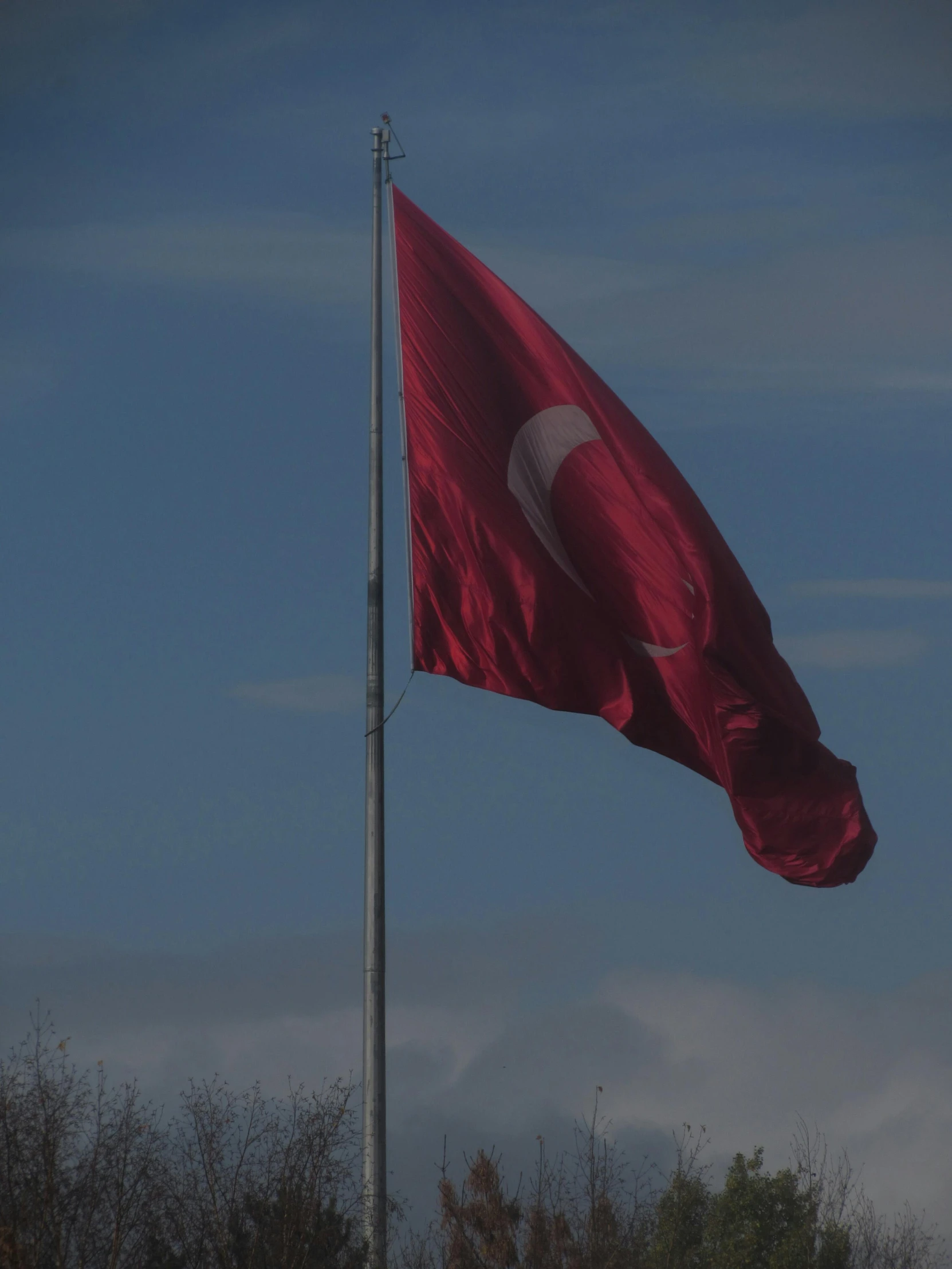 the flag waving on a pole with trees in the background