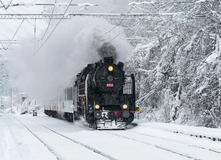 a train rides down the tracks in the snow