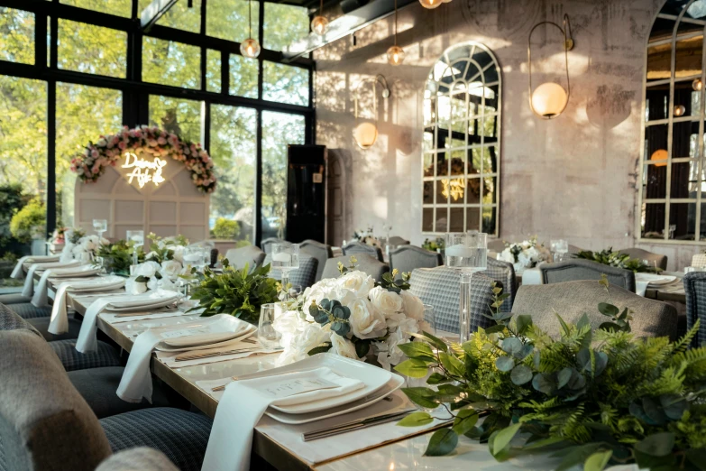 a large table with a bunch of dishes on it