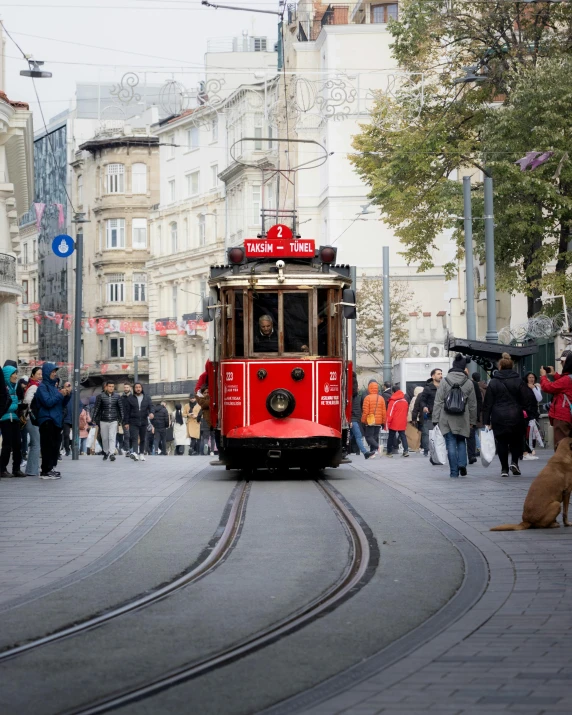 a red tram on tracks surrounded by people