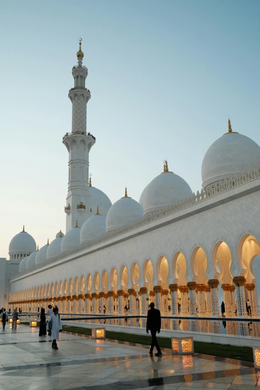 a person walking on a walkway in front of an intricate building