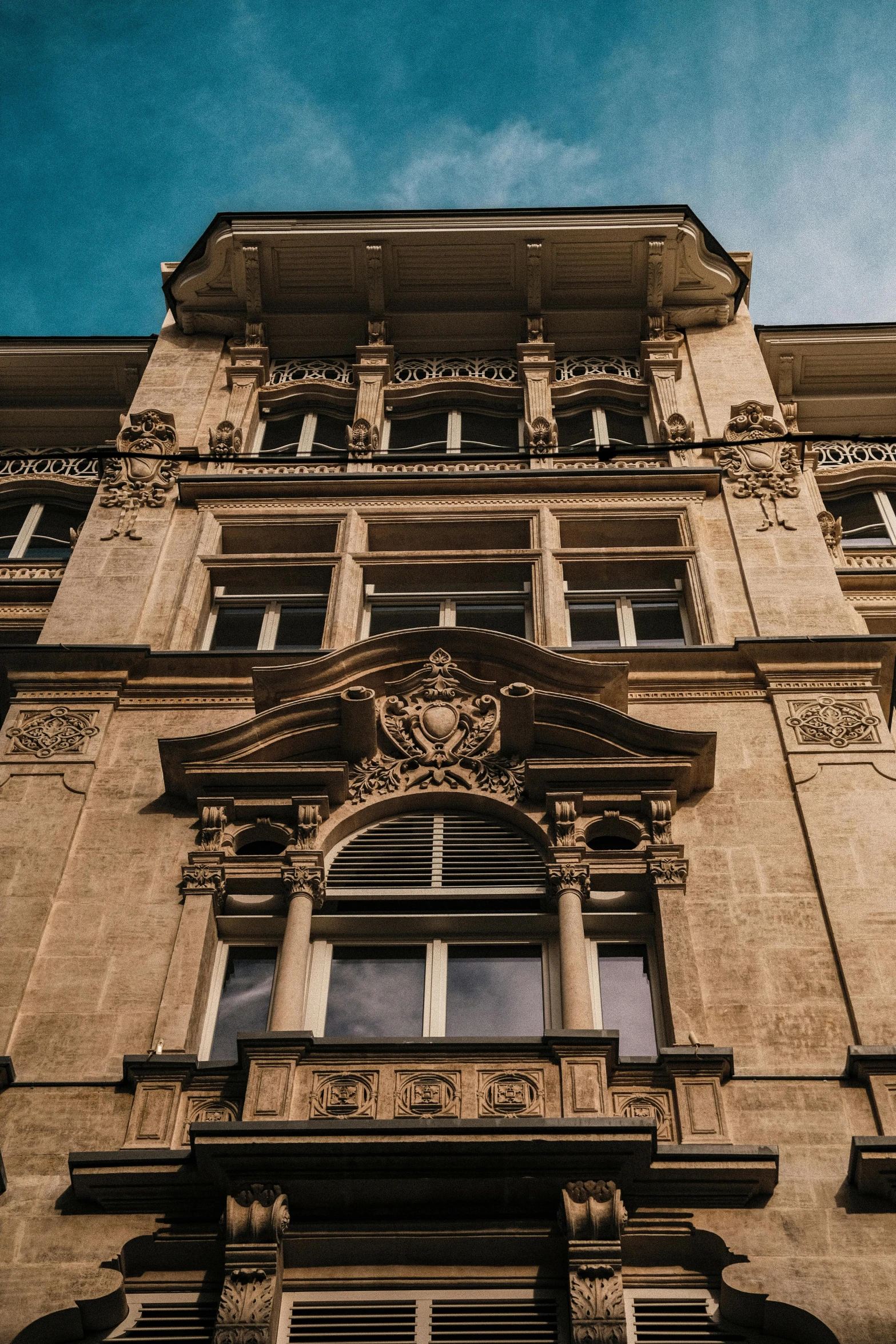 an architectural s from below of a building