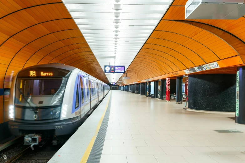 an underground train station with a long silver train on tracks