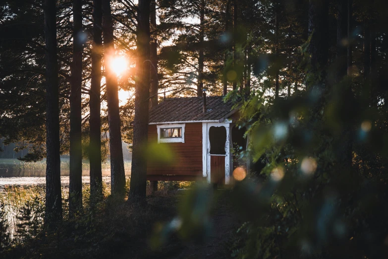 a cabin in the woods with sun peeking through trees