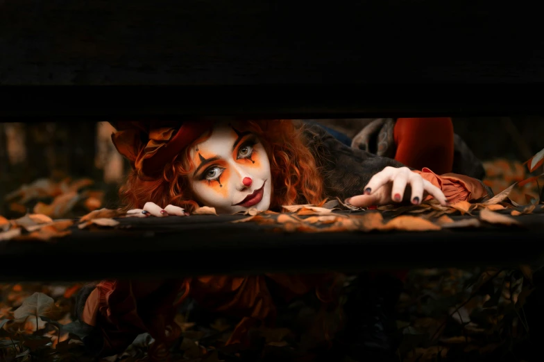 a lady with red hair and painted face laying on the ground