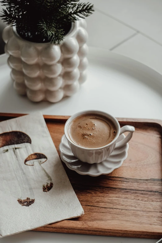 two napkins sit on a tray with a cup of coffee