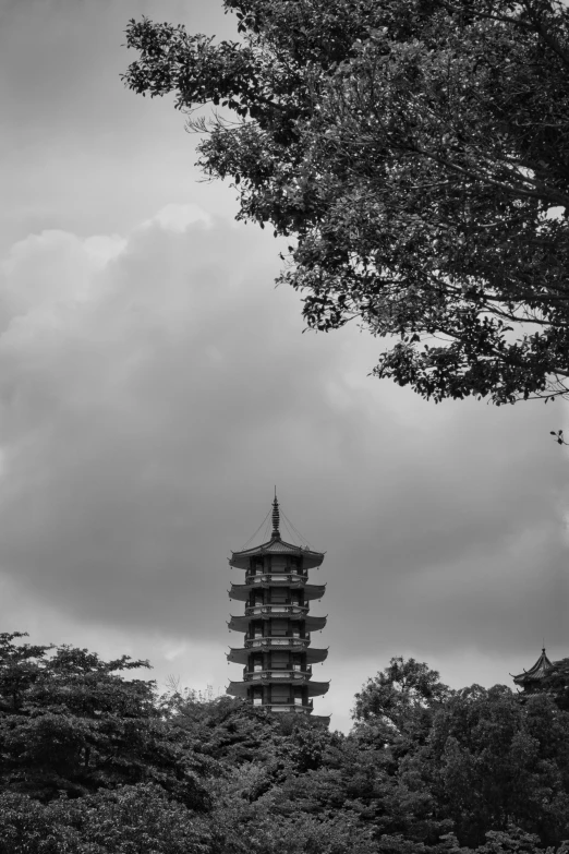 the pagodas stand against the grey sky near trees