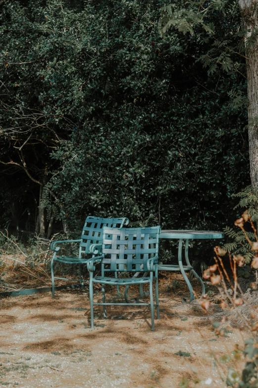 an empty outdoor seating set near the trees