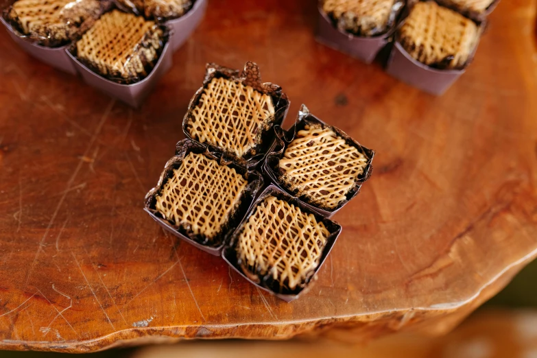 a table with some different trays that have brown squares