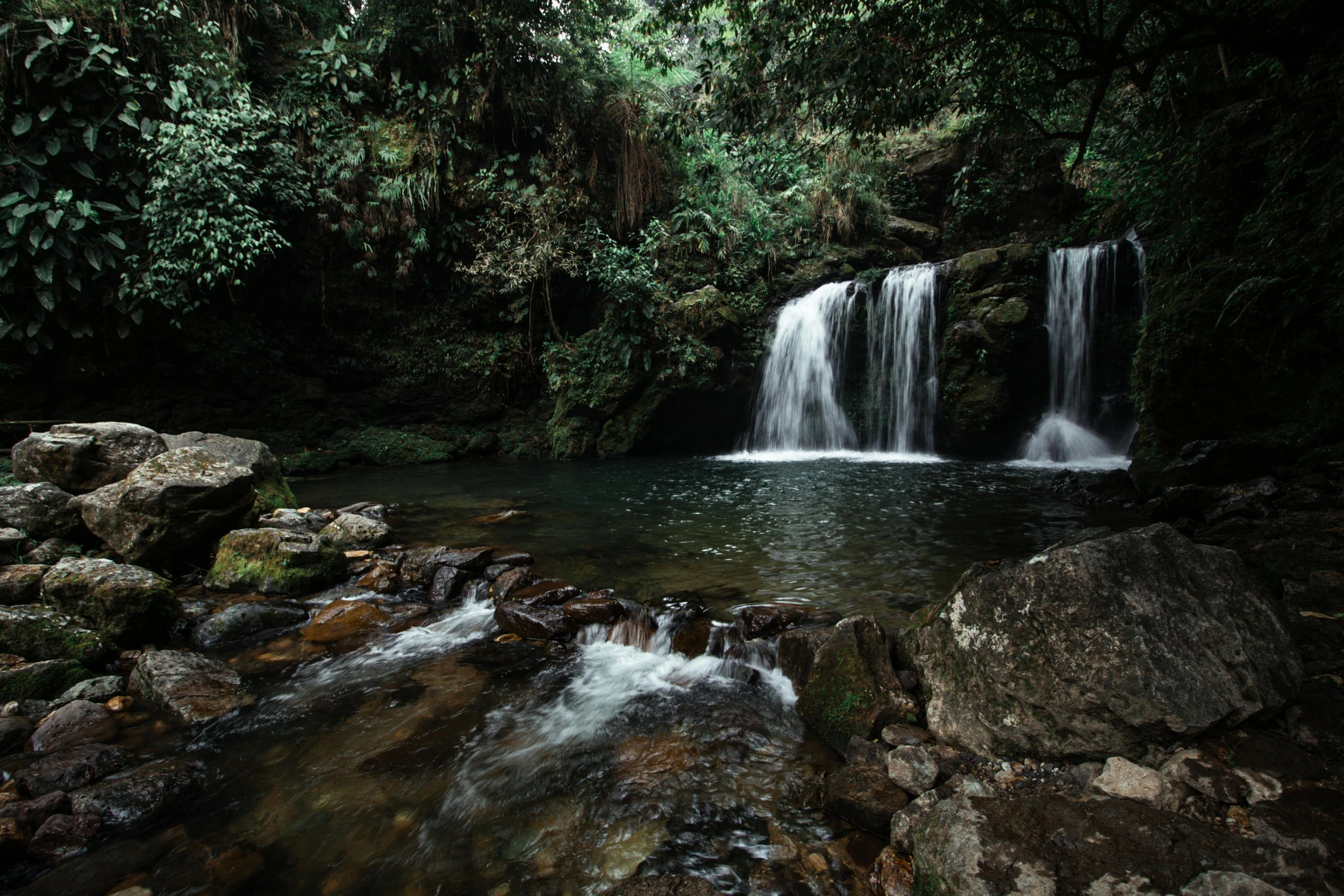 a small waterfall in the middle of a jungle