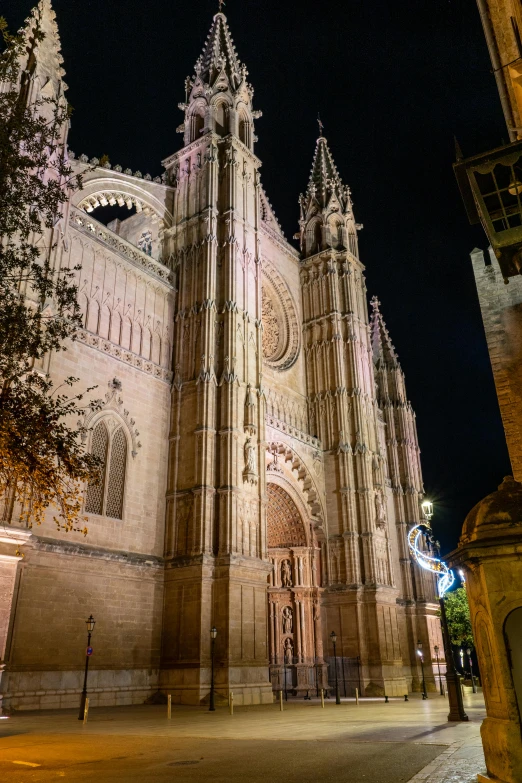 an ancient cathedral lit up at night time