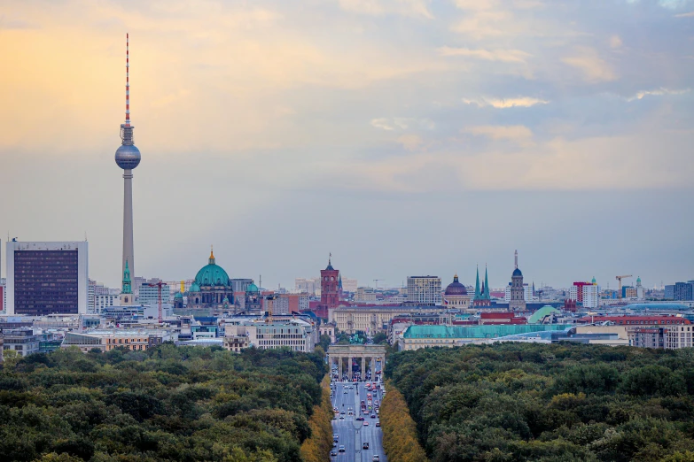 the view from a hill looking at a city and a television tower