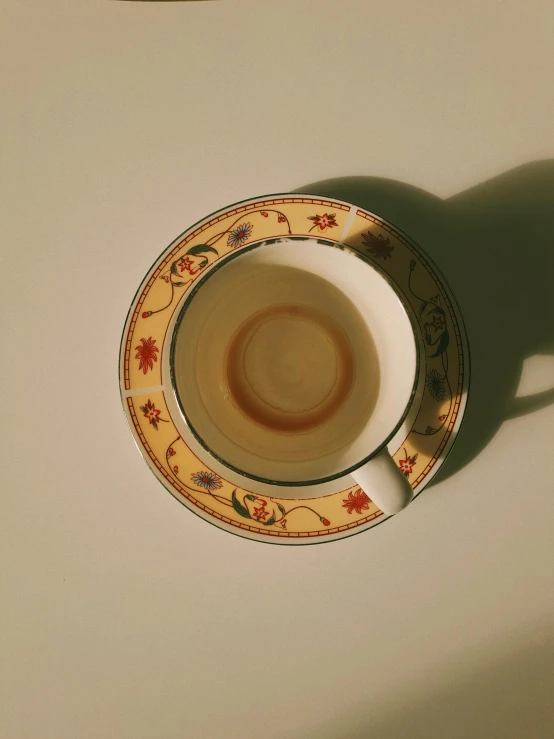 a coffee cup and saucer sitting on top of a white counter