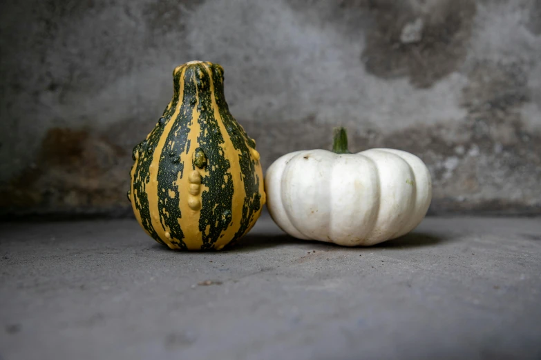 two gourds with a painted pumpkin standing next to one