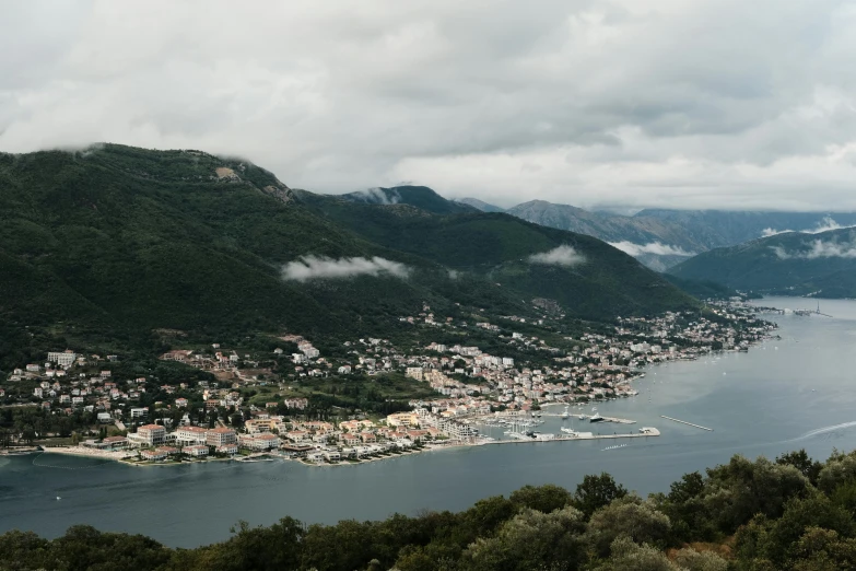 an aerial view of some mountains and the sea