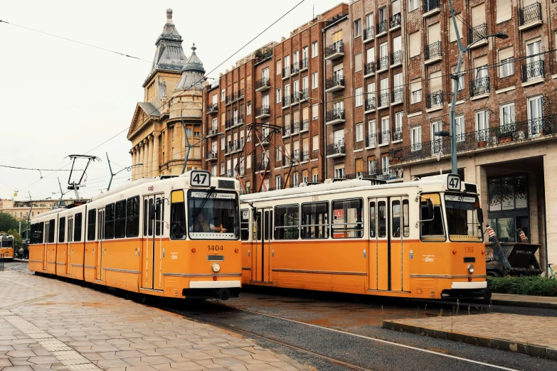 two electric city buses parked in front of a tall building