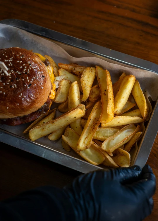 a pan with french fries and a sandwich