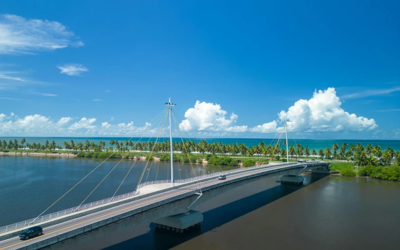 an aerial view of the white bridge in the middle of a river