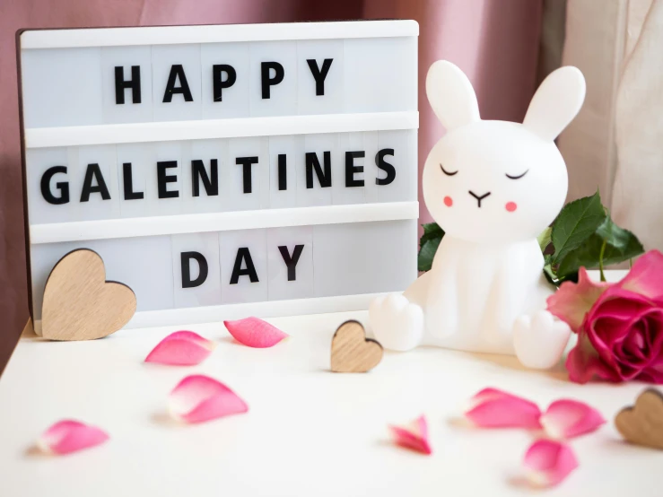 a bunny on a table with valentine's day decorations and a light board that says happy valentine's day