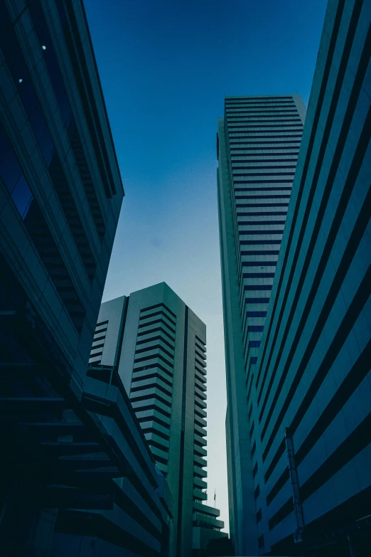 city buildings with dark lines and bright sky in background