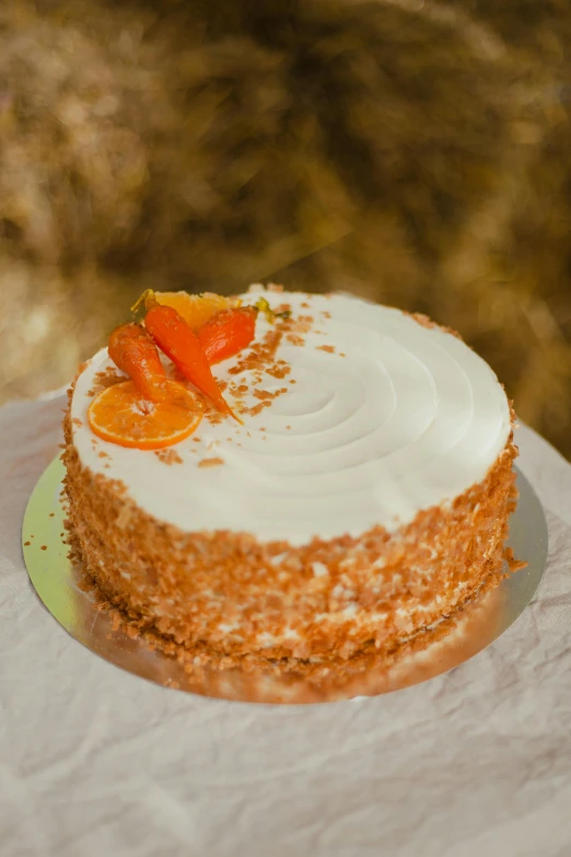a close - up view of a carrot covered cake on top of napkins