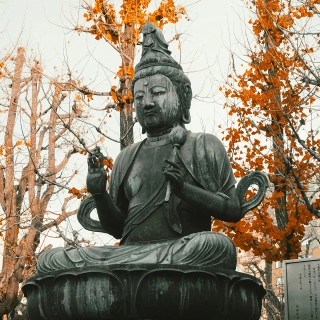 a buddha statue sitting on top of a vase under a tree