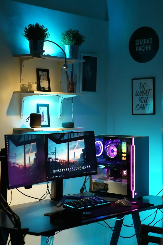 a desk with a computer and a keyboard on it